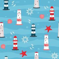 Seamless pattern with lighthouses, seashells, starfish, steering wheel. Marine print. Vector graphics.