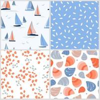 A set of seamless pattern with lighthouses, shells, starfish, steering wheel, yachts, ships. Marine print. Vector graphics.