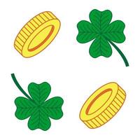 Cartoon coin and clover vector icons. Golden pictogram for game. Flat money icon. Green lucky four-leaf clover. Simple isolated elements for St. Patrick's Day