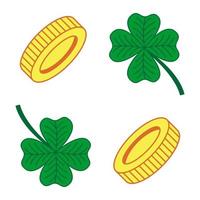 Cartoon coin and clover vector icons. Golden pictogram for game. Flat money icon. Green lucky four-leaf clover. Simple isolated elements for St. Patrick's Day