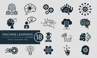 Machine learning concept icons set. Contains such icons algorithm, data mining, smart intelligence, brainstorming, thinking and more, can be used for web and apps. vector