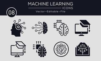 Machine learning concept icons set. Contains such icons algorithm, data mining, smart intelligence, brainstorming, thinking and more, can be used for web and apps. vector