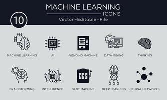 Machine learning concept icons set. Contains such icons algorithm, data mining, smart intelligence, brainstorming, thinking and more, can be used for web and apps. vector