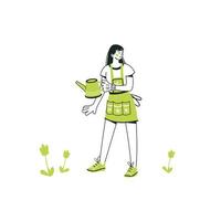 Girl watering plants with a watering can. A young woman works in a vegetable garden or a farm. Hand draw illustration in cartoon style. Gardening concept. Vector