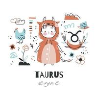 Taurus zodiac sign illustration. Astrological horoscope symbol character for kids. Colorful card with graphic elements for design. Hand drawn vector in cartoon style with lettering