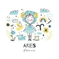 Aries zodiac sign illustration. Astrological horoscope symbol character for kids. Colorful card with graphic elements for design. Hand drawn vector in cartoon style with lettering