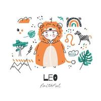 Zodiac sign Leo illustration. Astrological horoscope symbol character for kids. Colorful card with graphic elements for design. Hand drawn vector in cartoon style with lettering