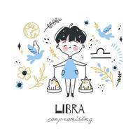 signo del zodiaco libra ilustración. carácter de símbolo de horóscopo astrológico para niños. tarjeta colorida con elementos gráficos para el diseño. vector dibujado a mano en estilo de dibujos animados con letras