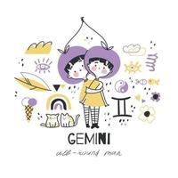 Gemini zodiac sign illustration. Astrological horoscope symbol character for kids. Colorful card with graphic elements for design. Hand drawn vector in cartoon style with lettering