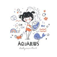 Aquarius zodiac sign illustration. Astrological horoscope symbol character for kids. Colorful card with graphic elements for design. Hand drawn vector in cartoon style with lettering