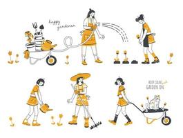 Set of illustrations of people working in the garden or farm. Young women takes care of plants and vegetables. Hand drawn cartoon style. Gardening concept. Vector