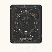 Aquarius zodiac sign card. Astrological horoscope symbol with moon phases. Graphic gold icon on a black background. Vector line art illustration