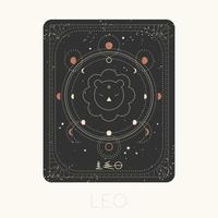 Zodiac sign leo card. Astrological horoscope symbol with moon phases. Graphic gold icon on a black background. Vector line art illustration