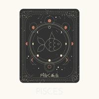 Zodiac sign Pisces card. Astrological horoscope symbol with moon phases. Graphic gold icon on a black background. Vector line art illustration