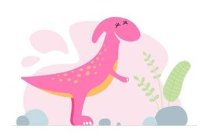 lindo dinosaurio rosa. tipo sonriente bebé dinosaurio parasaurolophus. banner de impresión de diseño gráfico de bebé de dibujos animados. diseño original de niña creativa. dibujo a mano ilustración vectorial eps vector