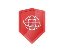 World globe on red shield. Travel insurance logo concept. Safe traveling badge. Tourist trip protection symbol. Safety journey vector isolated eps sign