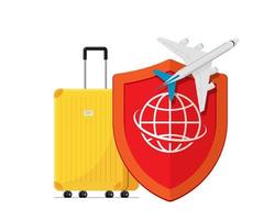Travel insurance banner concept. Yellow traveling luggage suitcase and airplane trip protect by red shield with world globe. Plane flight safety symbol. Aircraft journey risk protection. Vector eps