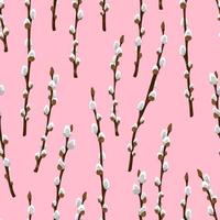 Easter spring twigs blossom pussy willow tree seamless pattern. Vector spring holiday texture in cartoon flat style. Fluffy willow branches background.