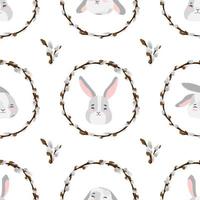 Easter pussy willow wreath and bunny seamless pattern. Spring branches vignette with rabbits, hares holiday texture. Happy Easter background. Fluffy willow vector design for textile, wallpaper, print