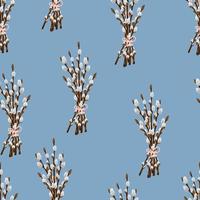 ramitas de primavera de pascua florecen patrón sin costuras de sauce de gatito. vector textura de vacaciones de primavera en estilo plano de dibujos animados. Fondo de ramas de sauce esponjoso.