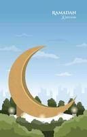 hermoso jardín paisaje gran media luna islámico ramadan kareem tarjetas de felicitación vector