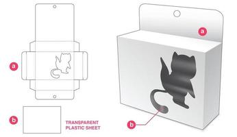 Cardboard hanging packaging with cat window and transparent plastic sheet die cut template vector