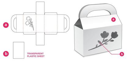 Cardboard handle bag box with flower icon window and plastic sheet die cut template vector