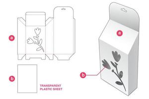 Hanging sloped box with flower icon window and transparent plastic sheet die cut template vector