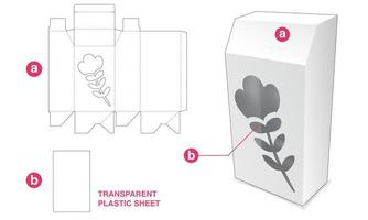 caja biselada con ventana de flor de icono y plantilla troquelada de hoja de plastidio transparente vector
