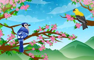 Spring Landscape Background with Birds