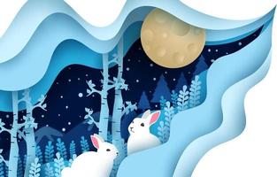 Paper Cut Winter Night with Rabbit Background vector