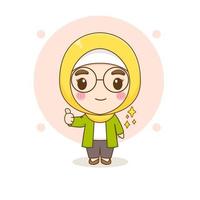 Cartoon illustration of cute Moslem girl character showing thumb up with star around vector