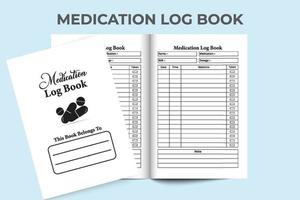 Medication log book interior. Medicine planner and time tracker notebook template. Interior of a journal. Medication logbook for patients. Doctor information and medicine timer notebook interior. vector