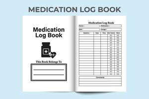 Medication notebook template interior. Medicine information and time tracker log book template. Interior of a notebook. Medication planner journal for patients. Medicine time tracker logbook. vector