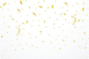 Realistic confetti background vector. Golden celebration confetti ribbon falling illustration. Golden bright confetti isolated on transparent background. Festival elements. Birthday celebration. vector