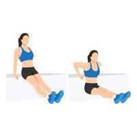 Woman doing tricep dips  exercise. Flat vector illustration isolated on white background