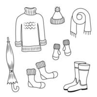 conjunto de ropa de abrigo, suéter, bufanda, gorro, calcetines, mitones, botas de goma, paraguas. ilustración de fideos para impresión, tarjetas de felicitación, carteles, pegatinas, textiles y diseño de temporada. vector