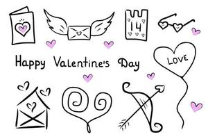 Love doodle set, Valentine's Day. Illustration for printing, backgrounds, covers, packaging, greeting cards, posters, stickers, textile and seasonal design. Isolated on white background. vector