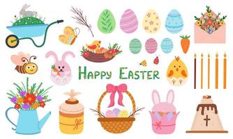 Easter set, rabbit, eggs, basket, flowers and cake. Illustration for backgrounds, covers, packaging, greeting cards, posters, sticker, textile and seasonal design. Isolated on white background. vector