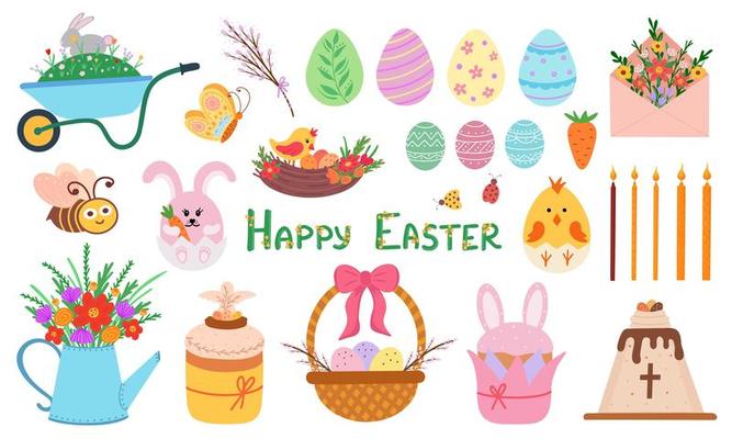 Easter set, rabbit, eggs, basket, flowers and cake. Illustration for backgrounds, covers, packaging, greeting cards, posters, sticker, textile and seasonal design. Isolated on white background.