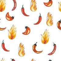 Hot pepper seamless pattern. Hot chili pepper and flames background. Vegetables. Food. Perfect for printing restaurant menus and posters. Hand Drawn Cartoon Vector illustration