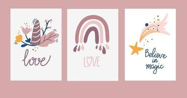 Cute boho postcards. Set of graphics for nursery or kids room poster with rainbow, star and unicorn horn. Perfect for baby shower, birthday, children's party. Hand Drawn Cartoon Vector illustration