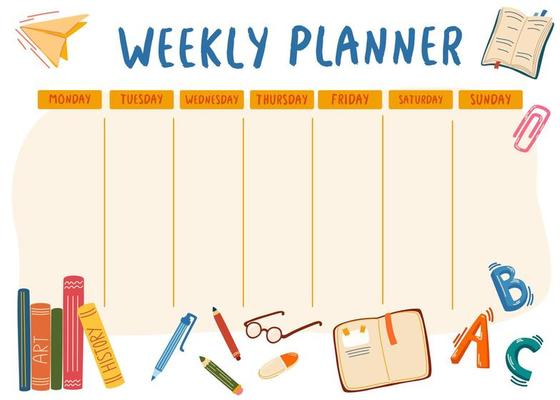 School weekly planner. Notebooks, textbooks, pens, pencils, eraser, letters and paper airplane. Cute template with cartoon school objects and symbols. Hand Drawn Cartoon Vector illustration
