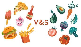 Healthy and unhealthy food. Organic vegetables and fruits. Fast food, burger, pizza, ice cream, cake, ketchup and French fries. Concept of choosing between good and bad nutrition. Vector Illustration