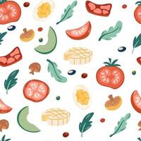 Vegetarian food seamless pattern. Endless background with vegetables, mushrooms, eggs, tomatoes, avocado, cheese, and greens. Repeating print with fresh ingredients, veggies. Vector Illustration