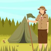 A Girl Scout Hold Flag in Front of Tent vector