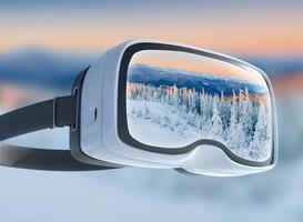 auriculares de realidad virtual, exposición doble, paisaje majestuoso de las montañas de invierno foto
