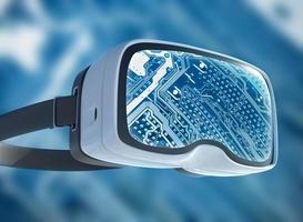 Virtual reality glasses, futuristic hacker, internet technology and network concept photo