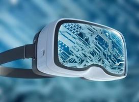 Virtual reality glasses, futuristic hacker, internet technology and network concept photo