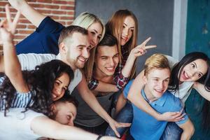 Group beautiful young people doing selfie in a cafe, best friends girls and boys together having fun, posing emotional lifestyle  concept photo